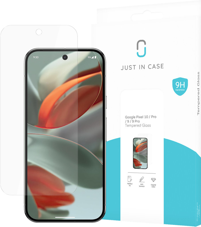 Just In Case Tempered Glass Google Pixel 10/10 Pro/9/9 Pro Screen Protector packaging