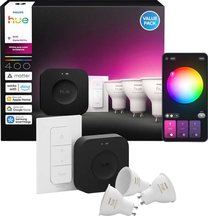 Philips Hue White & Color Starterset GU10 3er-Pack + Bridge Pro + Dimmer verpackung
