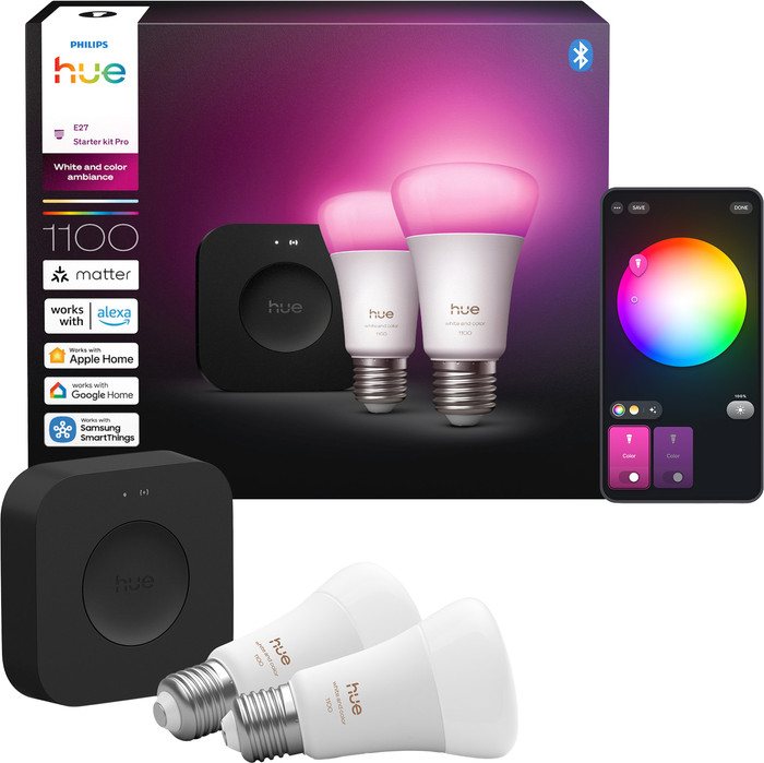 Philips Hue White & Color Starterset E27 1.100 lm Doppelpack + Bridge Pro verpackung