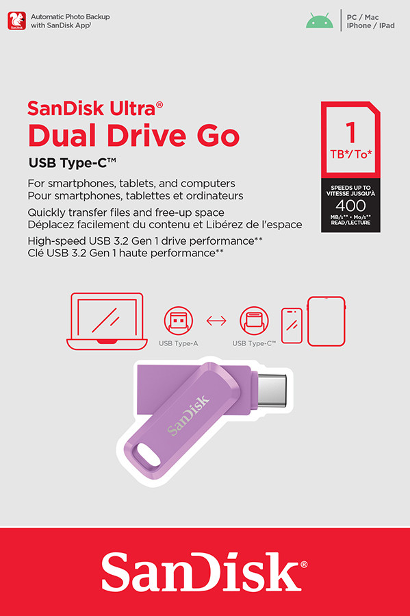 SanDisk Ultra Dual Drive USB-C 1TB Lavender packaging