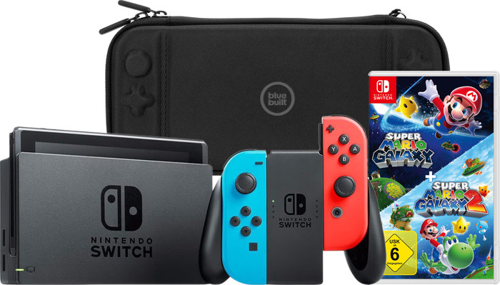 Nintendo Switch Rot/Blau + Super Mario Galaxy 1+2 + BlueBuilt Schutzhülle Main Image