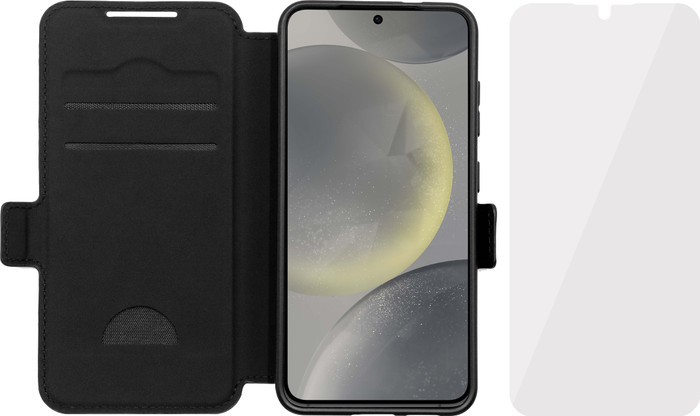 BlueBuilt Samsung Galaxy S25 Book Case Leather Black + BlueBuilt Screen Protector Glass Main Image