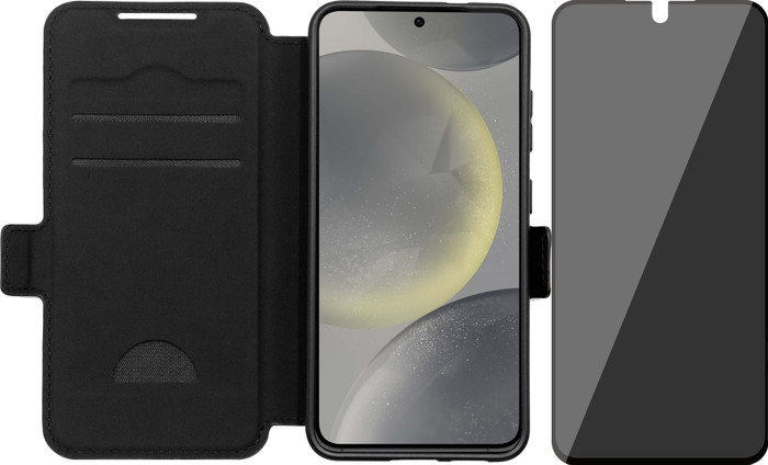 BlueBuilt Samsung Galaxy S25 Book Case Leather Black + BlueBuilt Privacy Screen Protector Glass Main Image