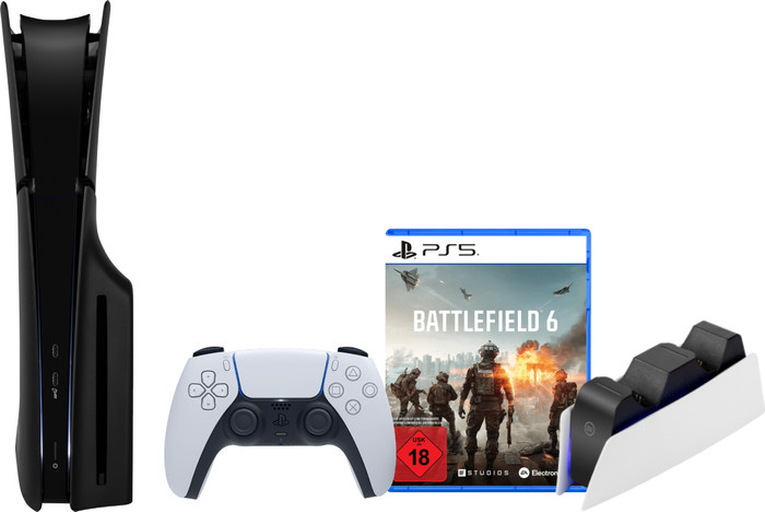 PlayStation 5 Slim Disc Edition + Battlefield 6 + Covers Black + Charging Dock Main Image