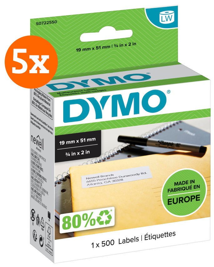 DYMO Removable Label 19x51mm 500 Units 5-pack Main Image