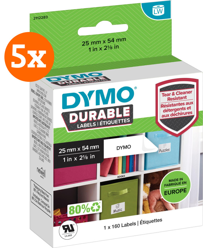 DYMO Haltbare LabelWriter Etiketten 25 x 54 mm 160 Stück 5er-Pack Main Image
