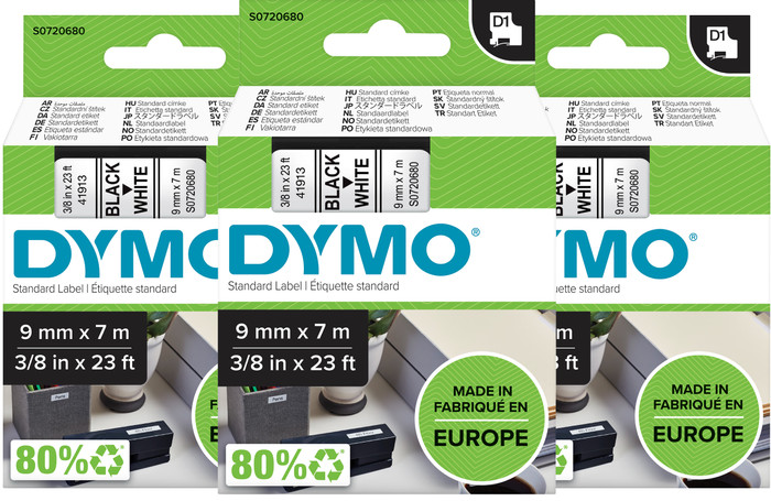 DYMO D1 9mm x 7m Black White Labels 3-pack Main Image