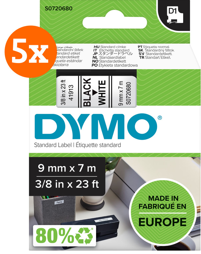 DYMO D1 9mm x 7m Black White Labels 5-pack Main Image