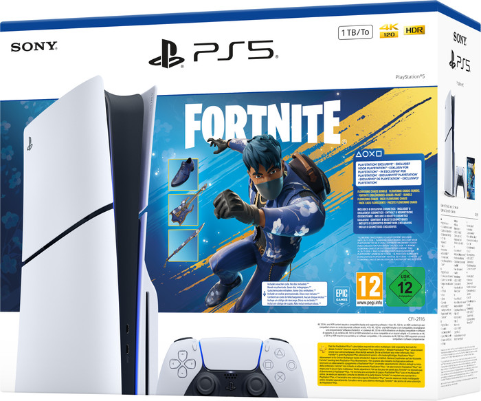 PS5 Slim mit Laufwerk Fortnite Set + Cover Schwarz + Zusätzlicher Controller Weiß + Ladestation verpackung
