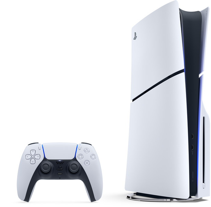 PS5 Slim mit Laufwerk Fortnite Set + Cover Schwarz + Zusätzlicher Controller Weiß + Ladestation vorne