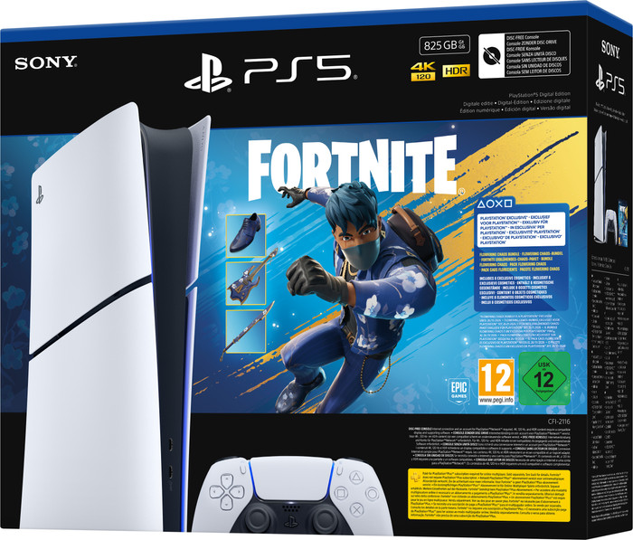 PS5 Slim Digital Edition Fortnite Set + Cover Schwarz + Zusätzlicher Controller Weiß + Ladestation verpackung