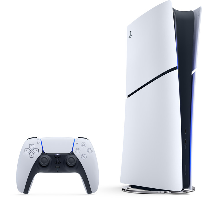 PS5 Slim Digital Edition Fortnite Set + Cover Schwarz + Zusätzlicher Controller Weiß + Ladestation vorne