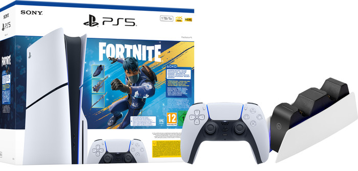 PlayStation 5 Slim mit Laufwerk Fortnite Set + Zusätzlicher Controller Weiß + Ladestation Main Image