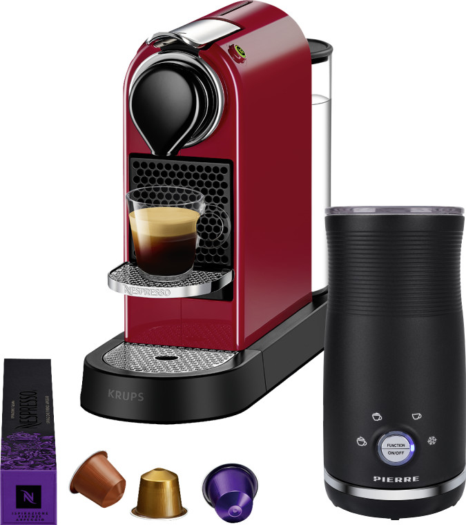 KRUPS Nespresso CitiZ XN7415 Cherry Red + Pierre Milk Frother Main Image