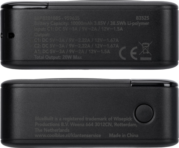 BlueBuilt Power Bank 10,000mAh with Fast Charging Black left side