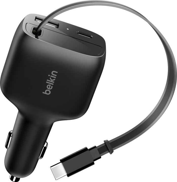 Belkin Power Delivery and Quick Charge Car Charger with 2 USB Ports and USB-C Cable 75W front