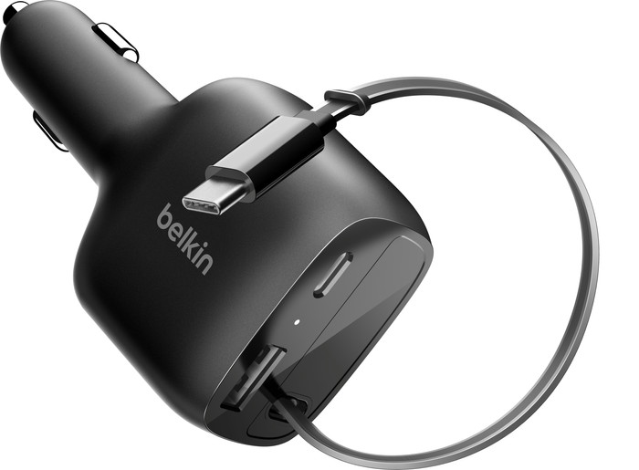 Belkin Power Delivery and Quick Charge Car Charger with 2 USB Ports and USB-C Cable 75W front