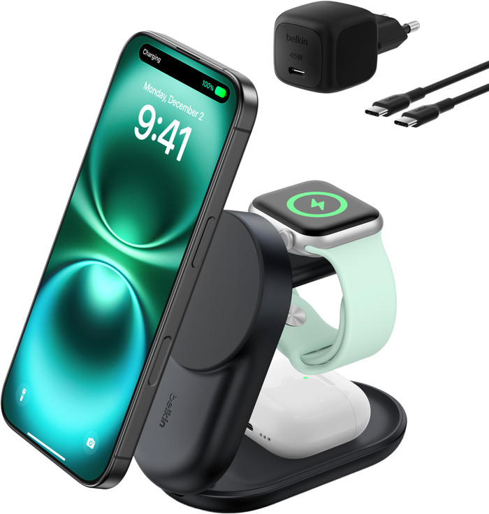 Belkin UltraCharge 3-in-1 MagSafe Wireless Charger with Stand Qi2 25W Black front