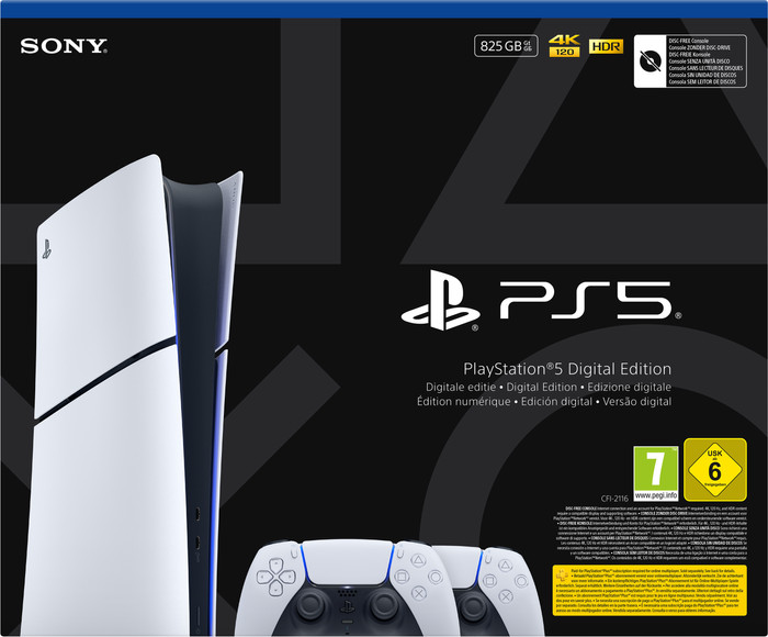PS5 Slim Digital Edition + Covers Black + Extra Controller White + Charging Dock packaging