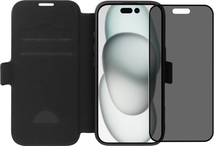 BlueBuilt Apple iPhone 16 Book Case Leather Black + Privacy Filter Glass Screen Protector Main Image