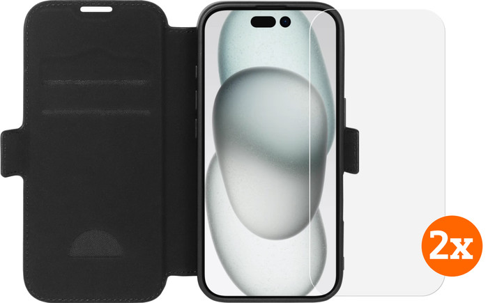 BlueBuilt Apple iPhone 16 Book Case Leder Schwarz + Panzerglas Doppelpack Main Image