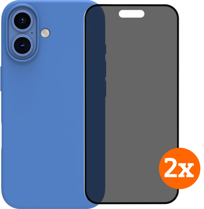 BlueBuilt Back Cover iPhone 16 Blue + Privacy Filter Glass Screen Protector Duo Pack Main Image