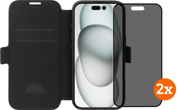 BlueBuilt Apple iPhone 16 Book Case Leder Schwarz + Privacy Panzerglas Doppelpack Main Image