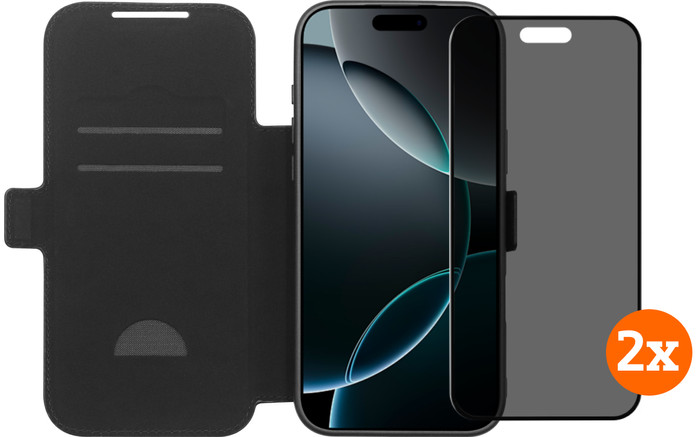 BlueBuilt Apple iPhone 17 Pro Max Book Case Leder Schwarz + Privacy Displayschutz Doppelpack Main Image