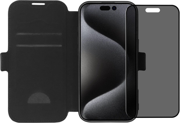 BlueBuilt Apple iPhone 16 Pro Book Case Leather Black + Privacy Filter Glass Screen Protector Main Image