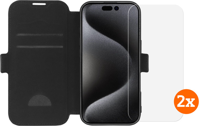 BlueBuilt Apple iPhone 16 Pro Book Case Leder Schwarz + Panzerglas Doppelpack Main Image