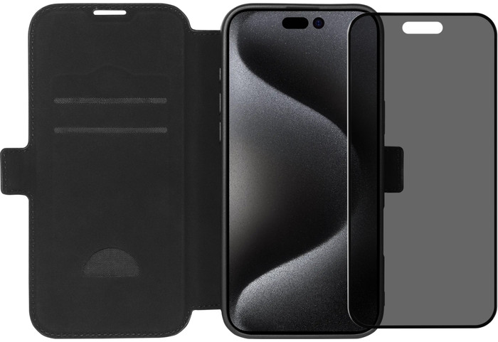 BlueBuilt Apple iPhone 16 Pro Max Book Case Leder Schwarz + Privacy Panzerglas Main Image