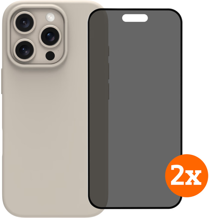 BlueBuilt Back Cover iPhone 16 Pro Beige + Privacy Filter Screen Protector Glass Duo Pack Main Image