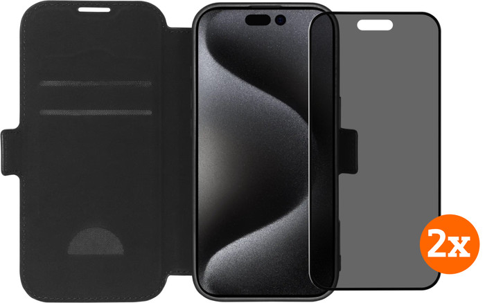 BlueBuilt Apple iPhone 16 Pro Book Case Leder Schwarz + Privacy Panzerglas Doppelpack Main Image