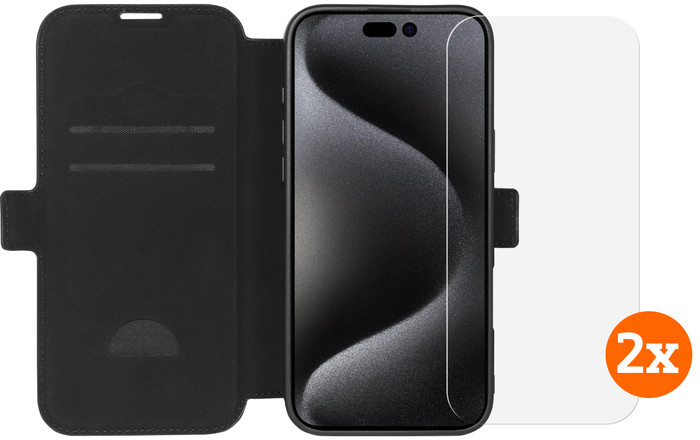 BlueBuilt Apple iPhone 16 Pro Max Book Case Leder Schwarz + Panzerglas Doppelpack Main Image