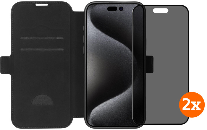 BlueBuilt Apple iPhone 16 Pro Max Book Case Leder Schwarz + Privacy Displayschutz Doppelpack Main Image