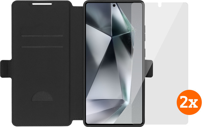 BlueBuilt Samsung Galaxy S25 Ultra Book Case Schwarz + Panzerglas Doppelpack Main Image