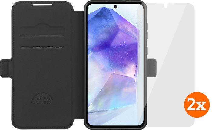 BlueBuilt Samsung Galaxy A56 Book Case Schwarz + Panzerglas Doppelpack Main Image