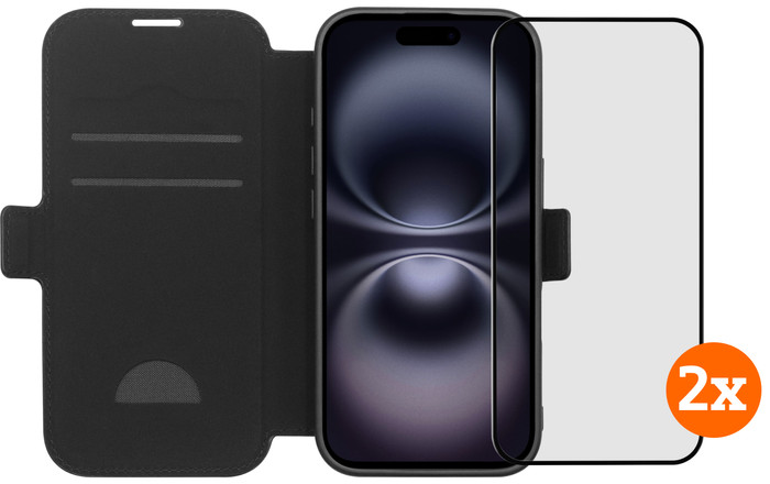 BlueBuilt Apple iPhone 17 Book Case Leder Schwarz + Panzerglas Doppelpack Main Image