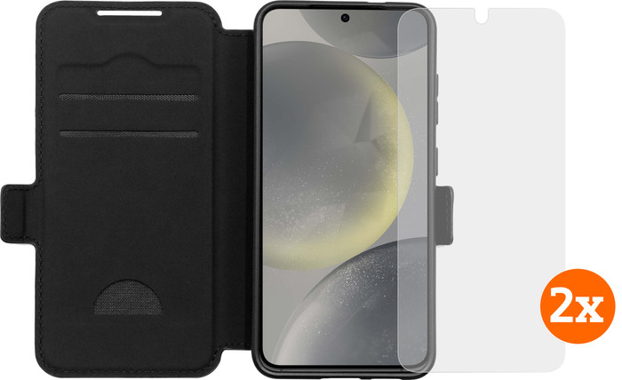 BlueBuilt Samsung Galaxy S25 Book Case Schwarz + Panzerglas Doppelpack Main Image