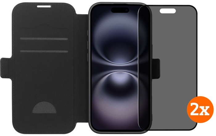 BlueBuilt Apple iPhone 17 Book Case Leather Black + Privacy Filter Screen Protector Duo Pack Main Image