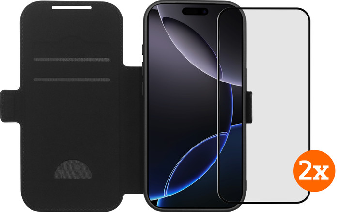 BlueBuilt Apple iPhone 17 Pro Book Case Leder Schwarz + Panzerglas Doppelpack Main Image