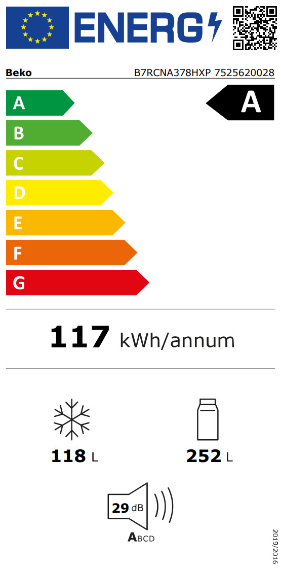 Beko B7RCNA378HXP HarvestFresh energy label