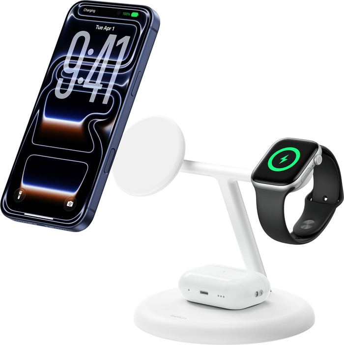 Belkin 3-in-1 Kabelloses Ladegerät mit MagSafe 25 Watt Weiß vorne