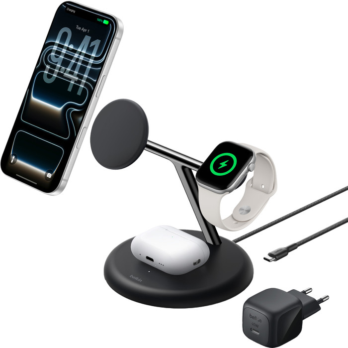 Belkin 3-in-1 Kabelloses Ladegerät mit MagSafe 25 Watt Schwarz vorne