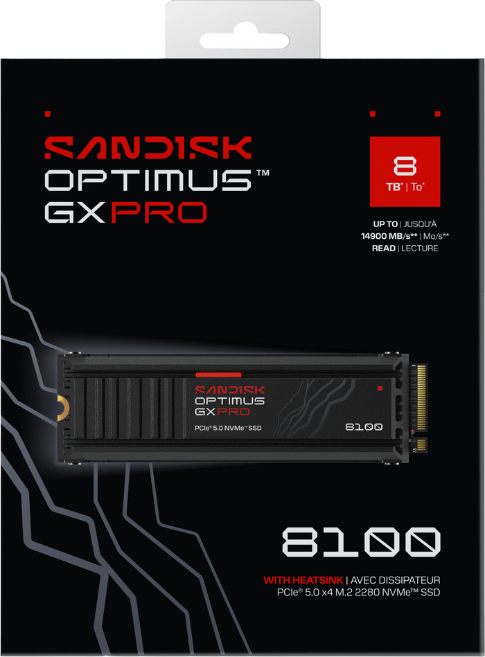 SANDISK Optimus GX PRO 8100 8TB PCIe 5.0 NVMe-SSD mit Kühlkörper verpackung