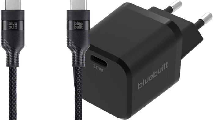 BlueBuilt Power-Delivery-Ladegerät 30 W + USB-C-Kabel 3 m Nylon Schwarz Main Image