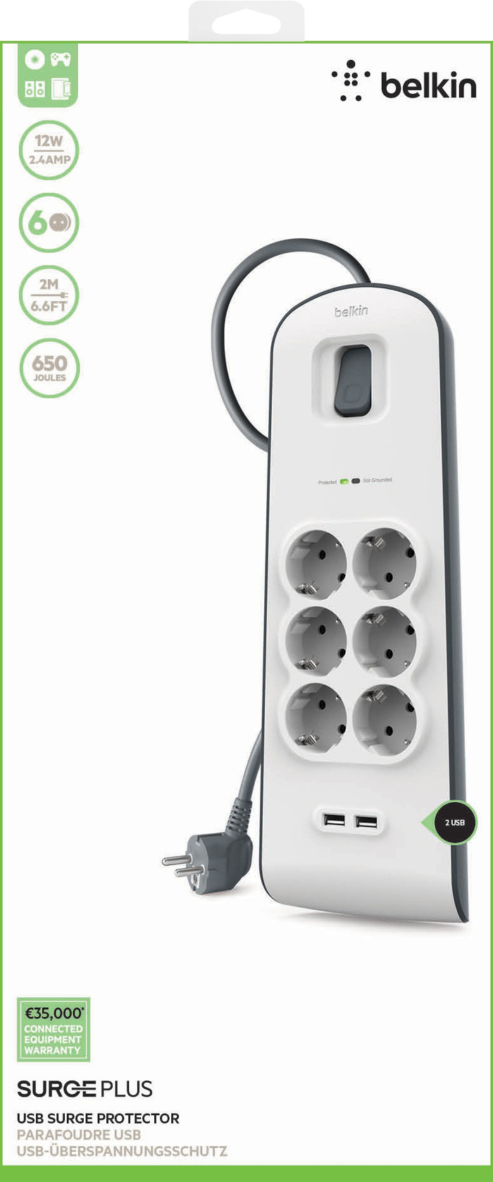 Belkin Surge Protector 6 Steckdosen 2 Meter 2x USB verpackung