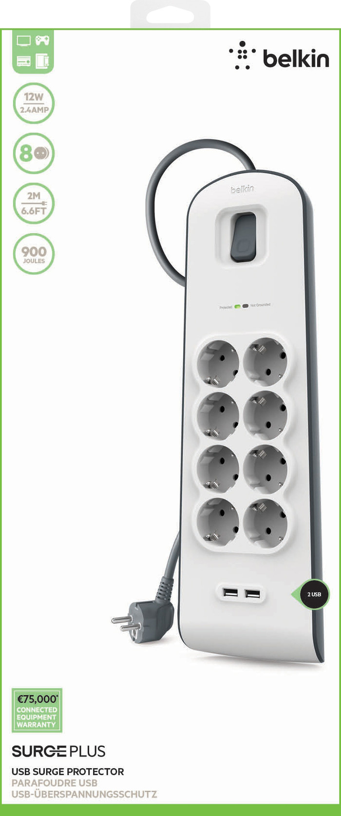 Belkin Surge Protector 8 Steckdosen 2 Meter 2x USB verpackung