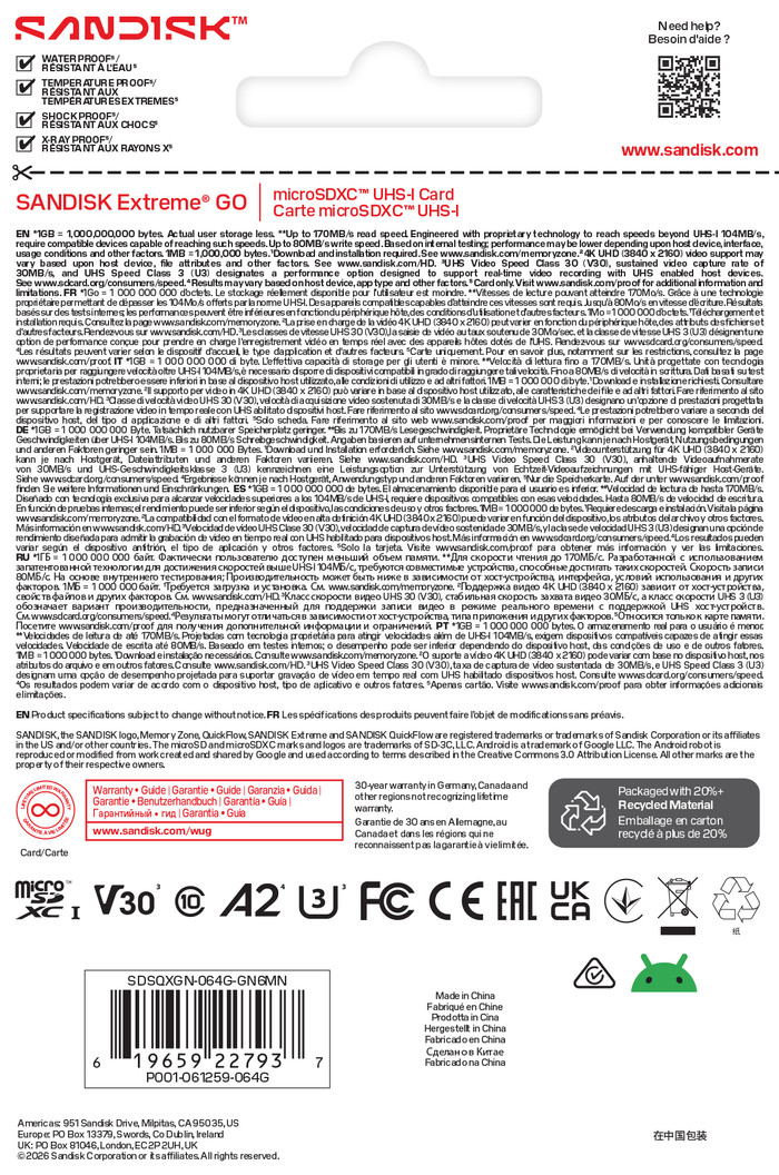 SANDISK Extreme GO microSDXC 64GB 170 MB/s verpackung
