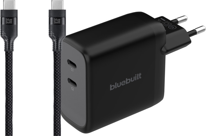 BlueBuilt 100-Watt-GaN-Ladegerät mit 2 USB-C-Ports Schwarz + BlueBuilt USB-C-Kabel 240 W 2 m Nylon Main Image